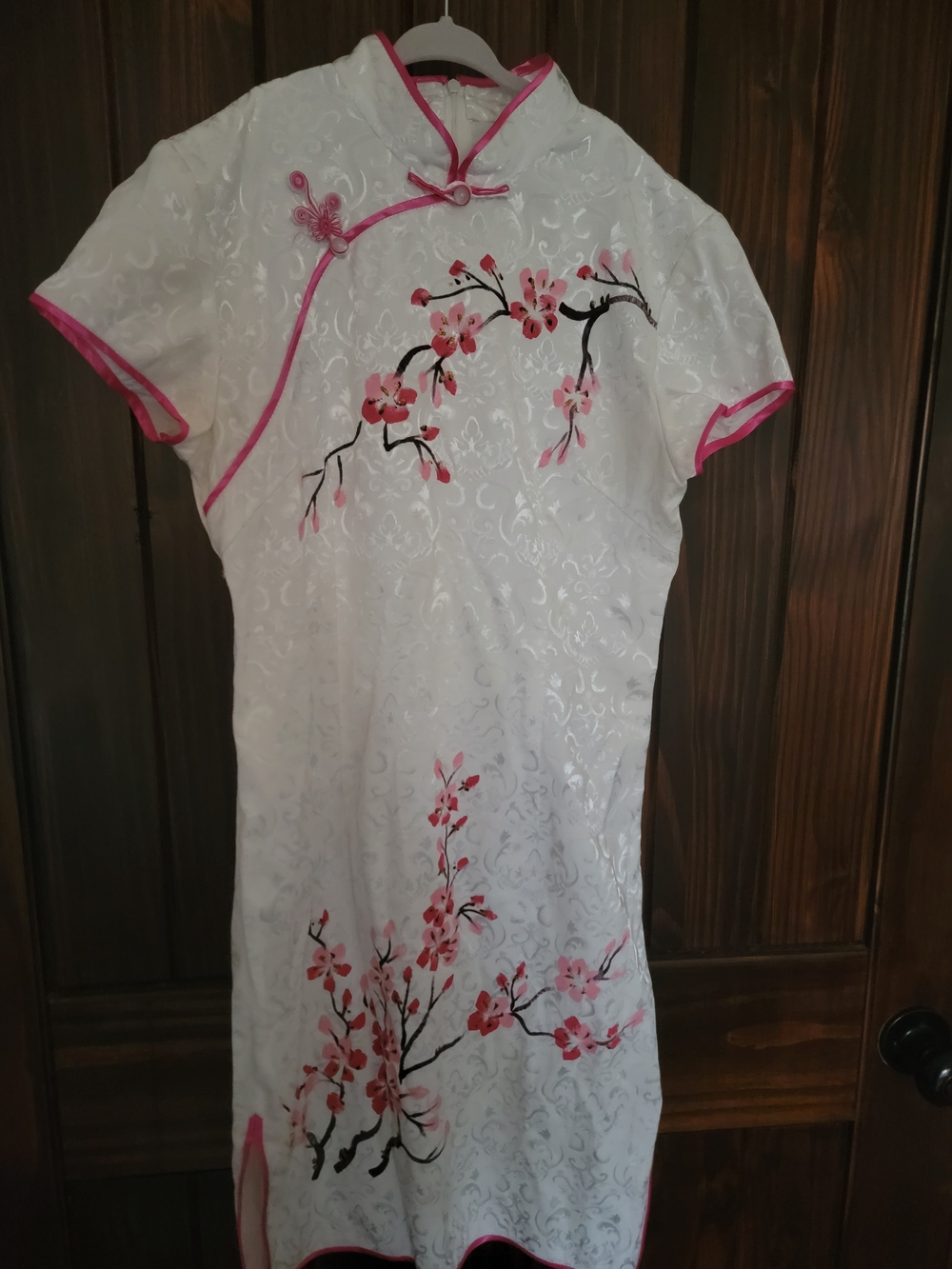 White Asian Dress with Pink Floral Embroidery
